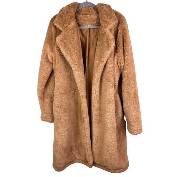 Unbranded Teddy Coat Sherpa Faux Shearling Tan Long Open Jacket Cozy Warm XXL - Picture 1 of 13